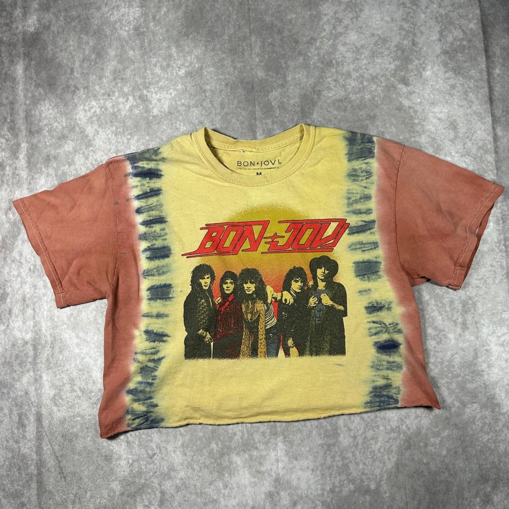 Bon Jovi Womens M Crop Top Tie Dye Band Tee Yellow Orange Graphic Rock Shirt